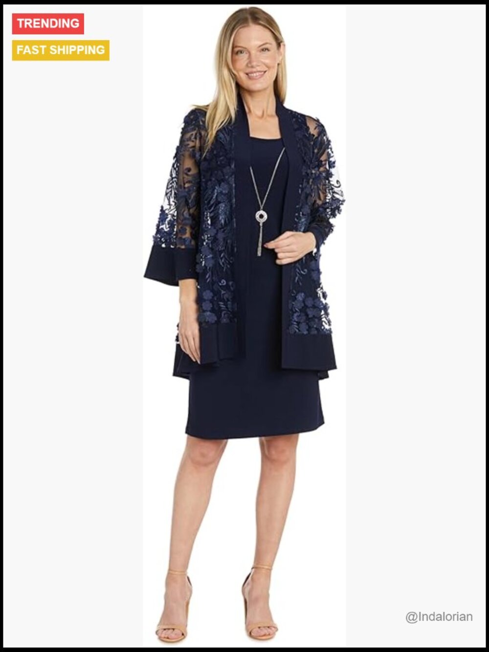 Sheath Dress with Sheer 3D Floral Jacket and Necklace